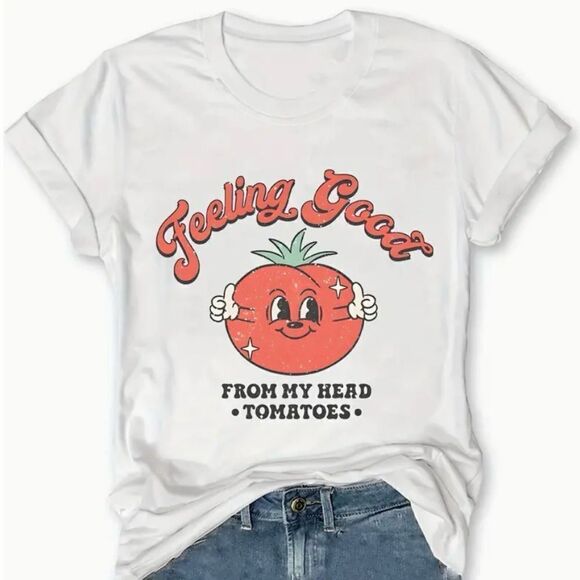 Cartoon Tomato Print Crew Neck T-shirt ‘Feeling good from my head to my … - Picture 1 of 3